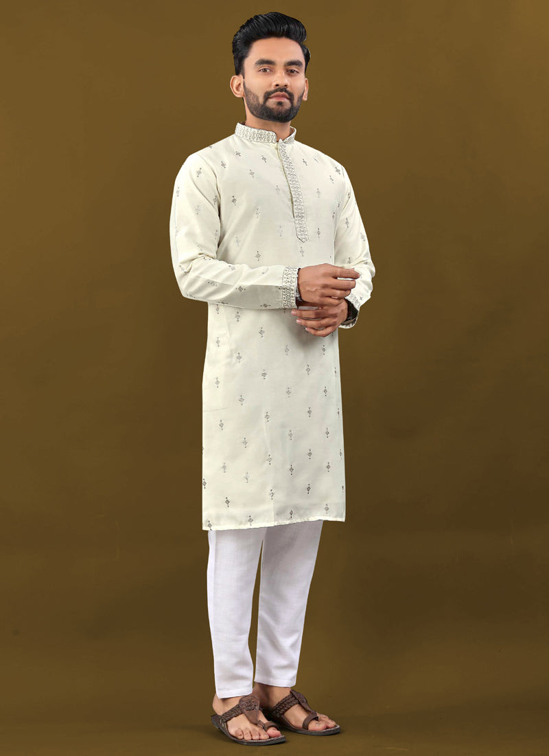 Off White Matka Silk Kurta for Men with Silver Jari Embroidery Buti