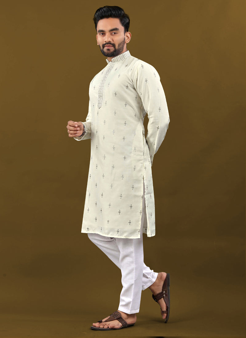 Off White Matka Silk Kurta for Men with Silver Jari Embroidery Buti