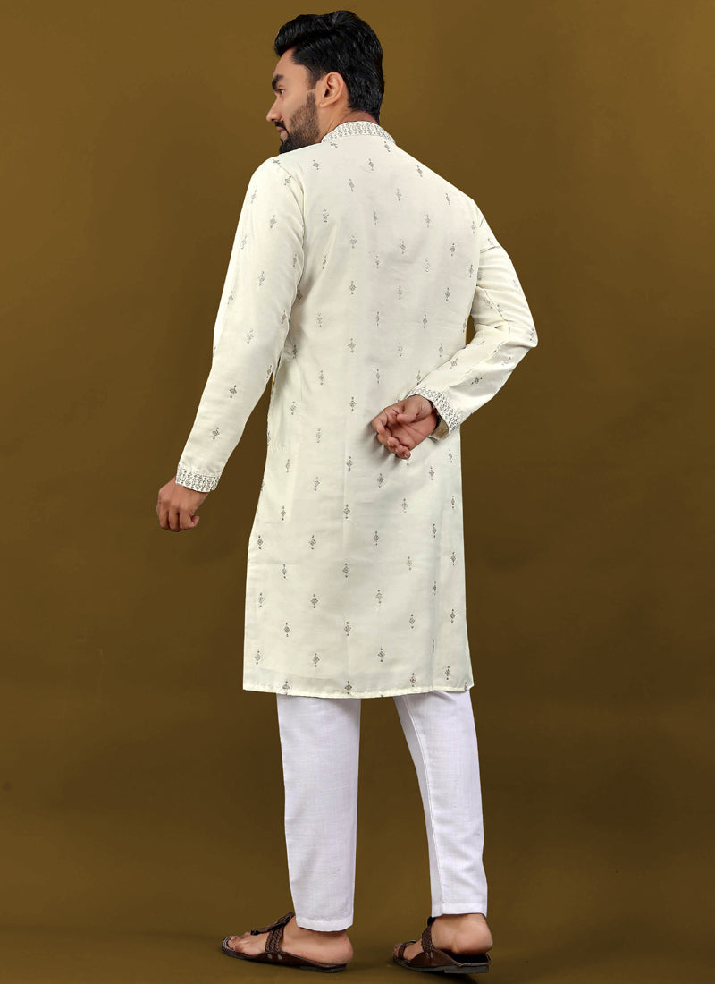 Off White Matka Silk Kurta for Men with Silver Jari Embroidery Buti