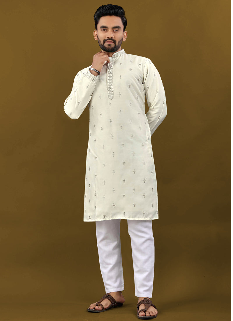 Men's off-white Matka silk kurta featuring elegant silver Jari embroidery buti