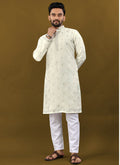 Men's off-white Matka silk kurta featuring elegant silver Jari embroidery buti