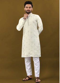 Men's off-white Matka silk kurta featuring elegant silver Jari embroidery buti