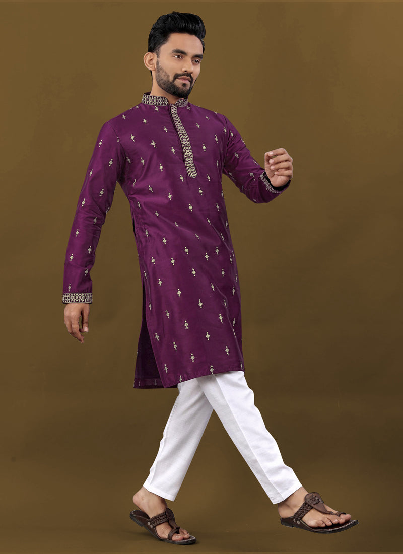 Purple Matka Silk Designer Kurta with Silver Jari Embroidery Buti