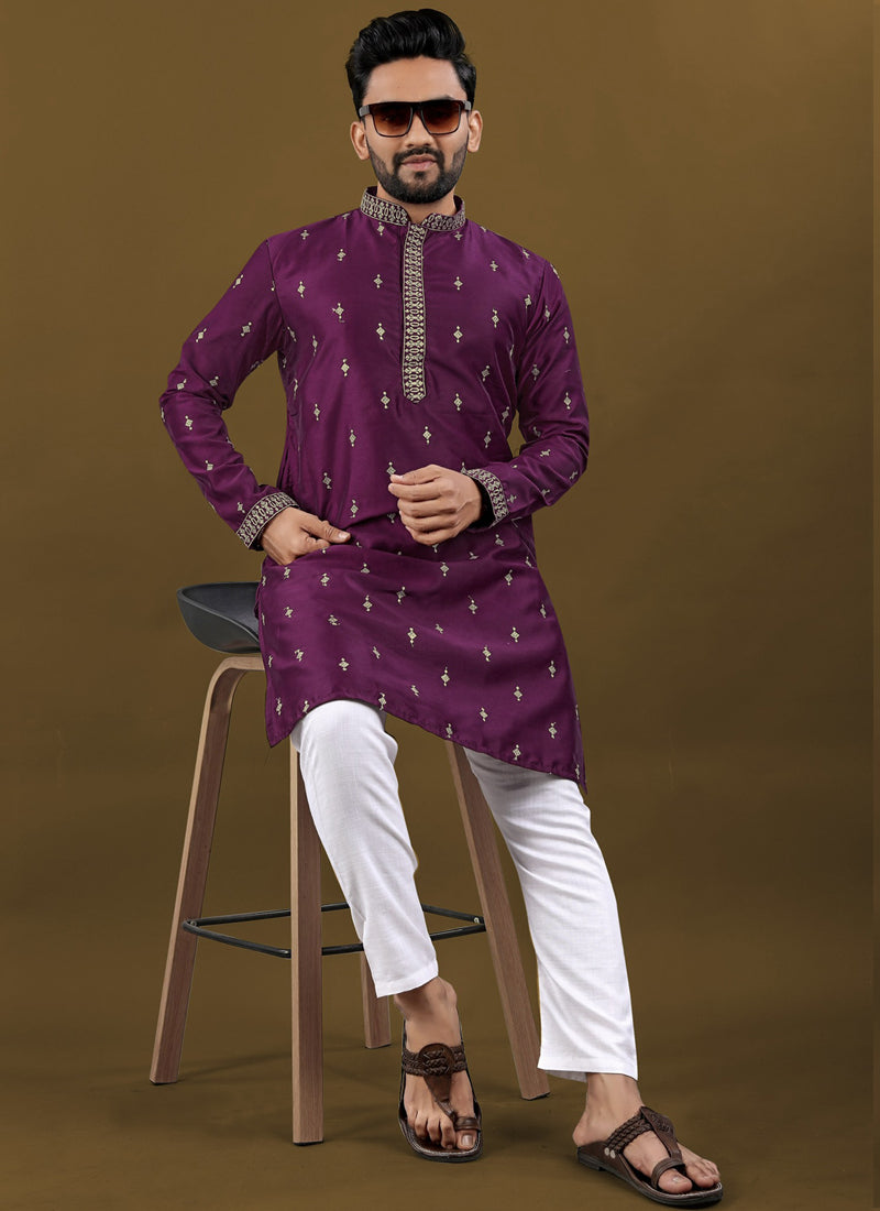 Purple Matka Silk Designer Kurta with Silver Jari Embroidery Buti