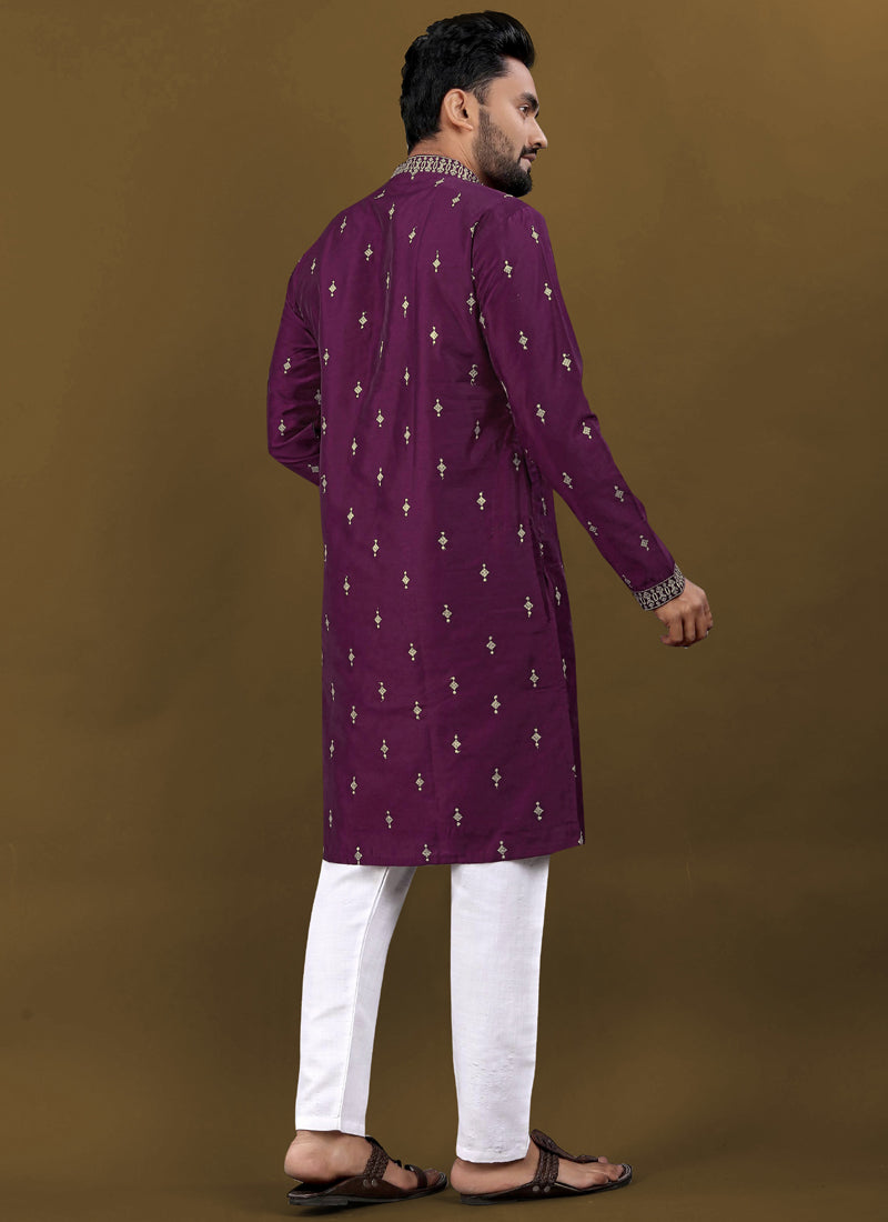 Purple Matka Silk Designer Kurta with Silver Jari Embroidery Buti