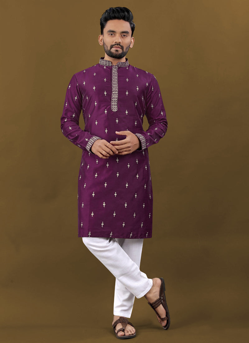 Close up of Purple Matka Silk designer kurta with intricate silver jari embroidery buti and collar neck.