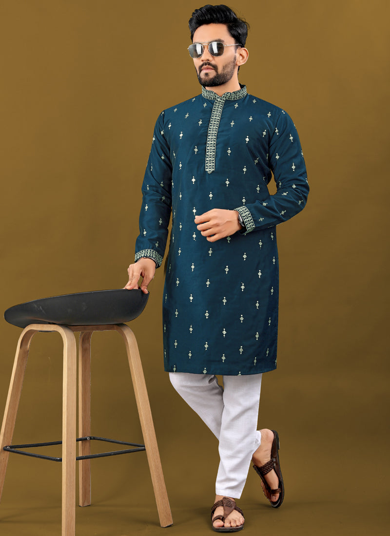 Men's Royal Blue Matka Silk Kurta with Silver Jari Embroidery