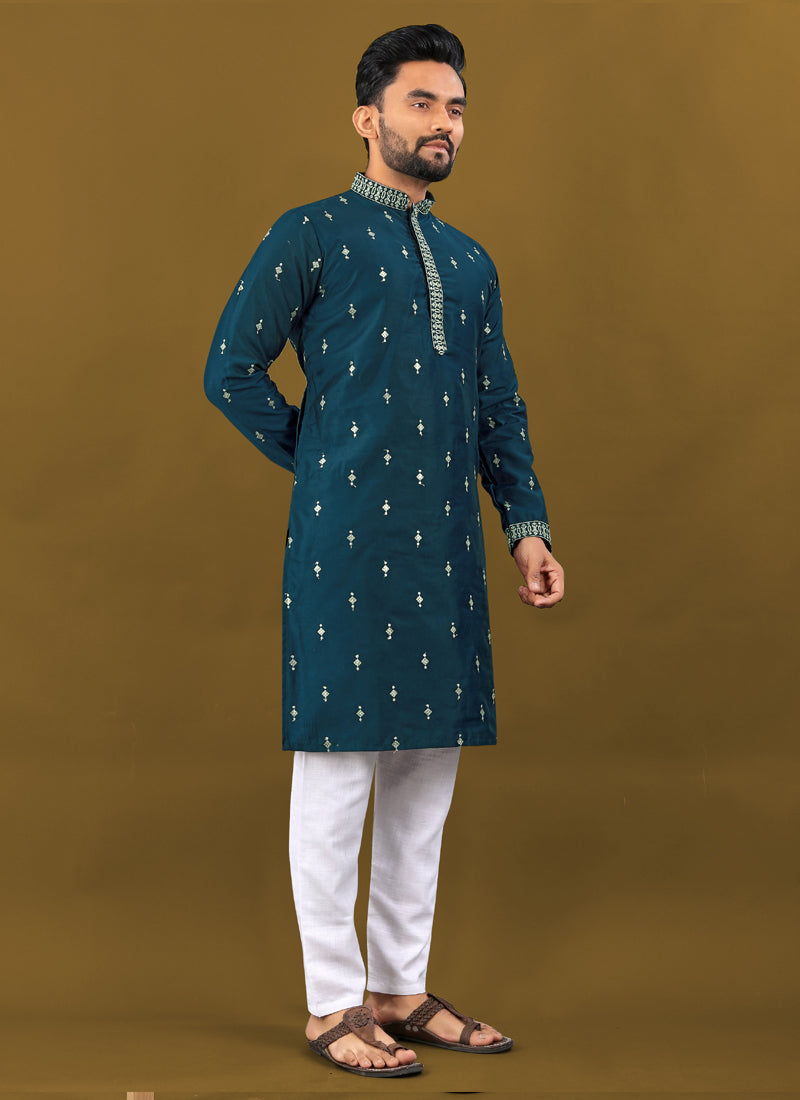 Men's Royal Blue Matka Silk Kurta with Silver Jari Embroidery