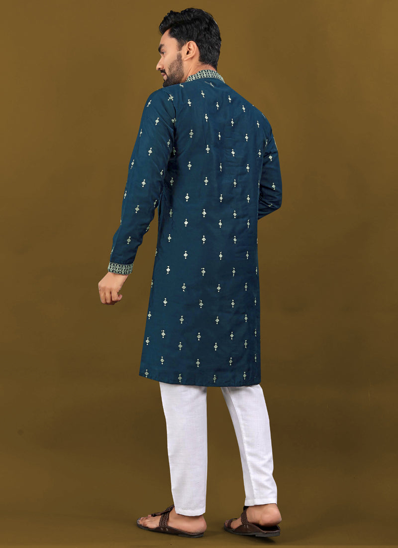 Men's Royal Blue Matka Silk Kurta with Silver Jari Embroidery