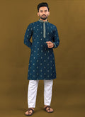 Men's royal blue matka silk kurta with silver jari and embroidery buti detail