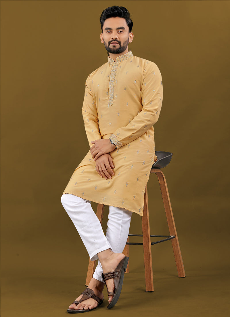 Yellow Matka Silk Kurta for Men with Silver Jari Embroidery Buti