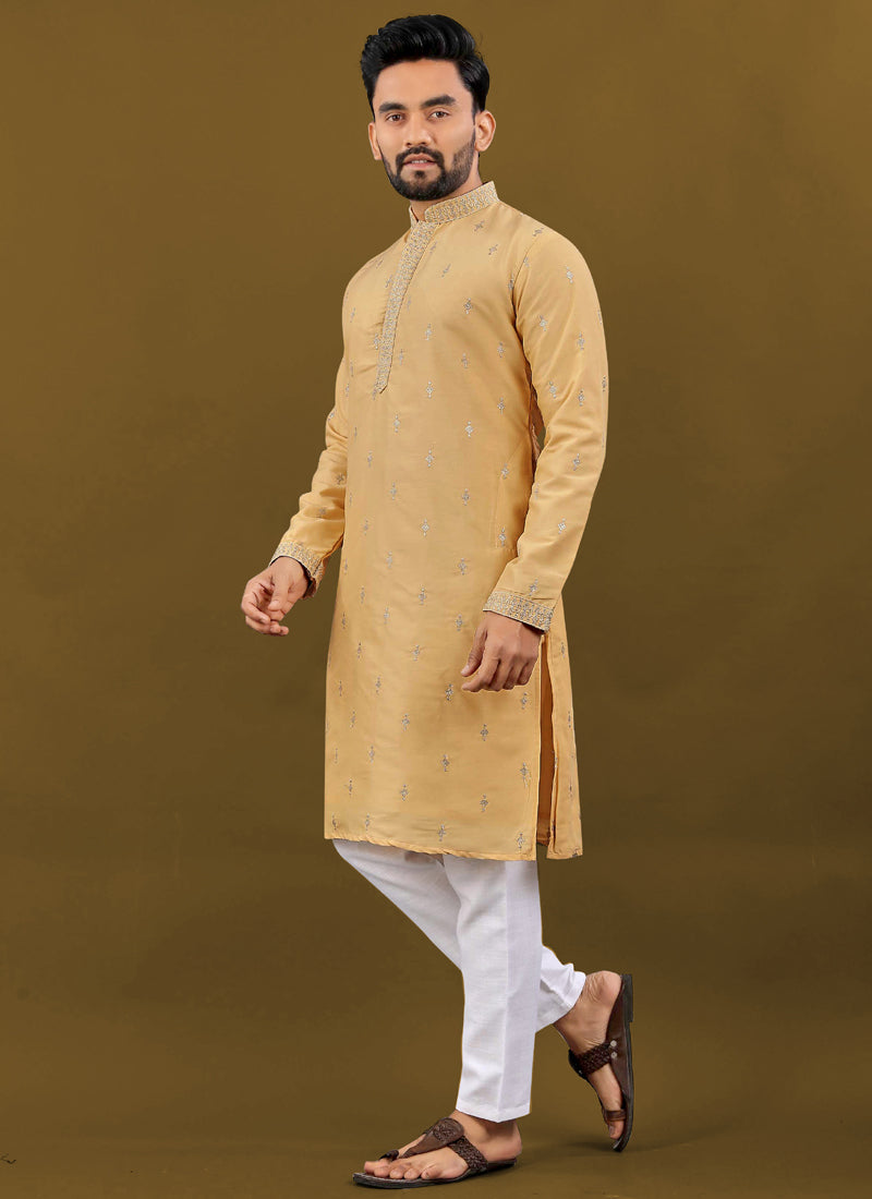 Yellow Matka Silk Kurta for Men with Silver Jari Embroidery Buti