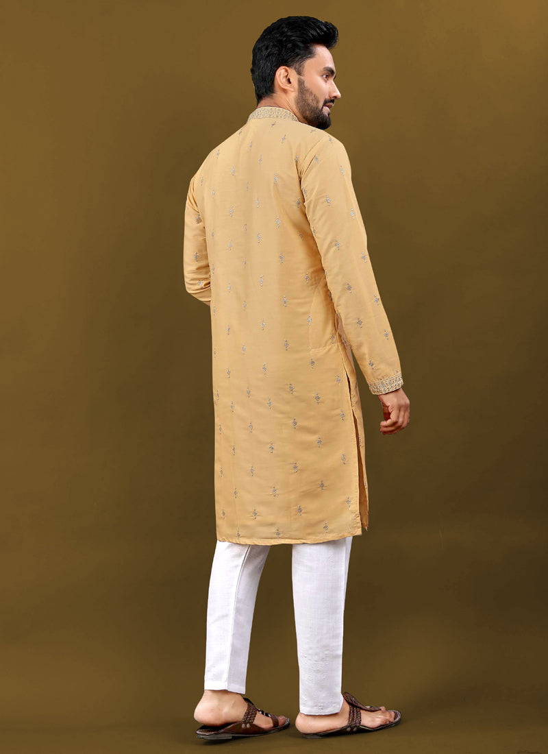 Yellow Matka Silk Kurta for Men with Silver Jari Embroidery Buti