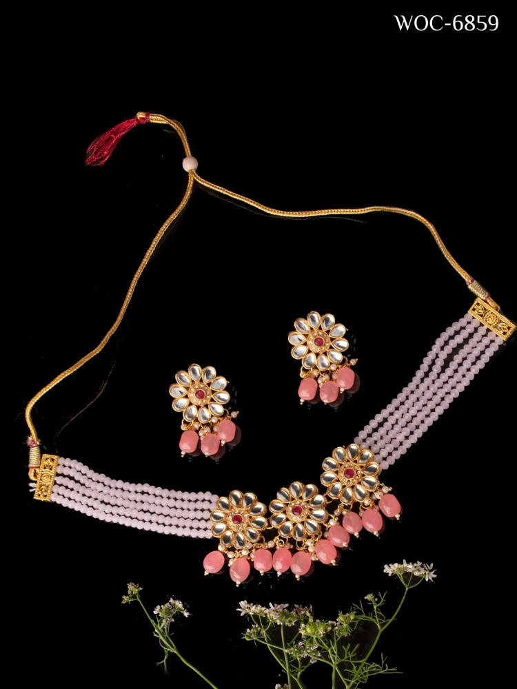 Pink Beaded Pearl Necklace Set Gold-Plated Traditional Jewelry