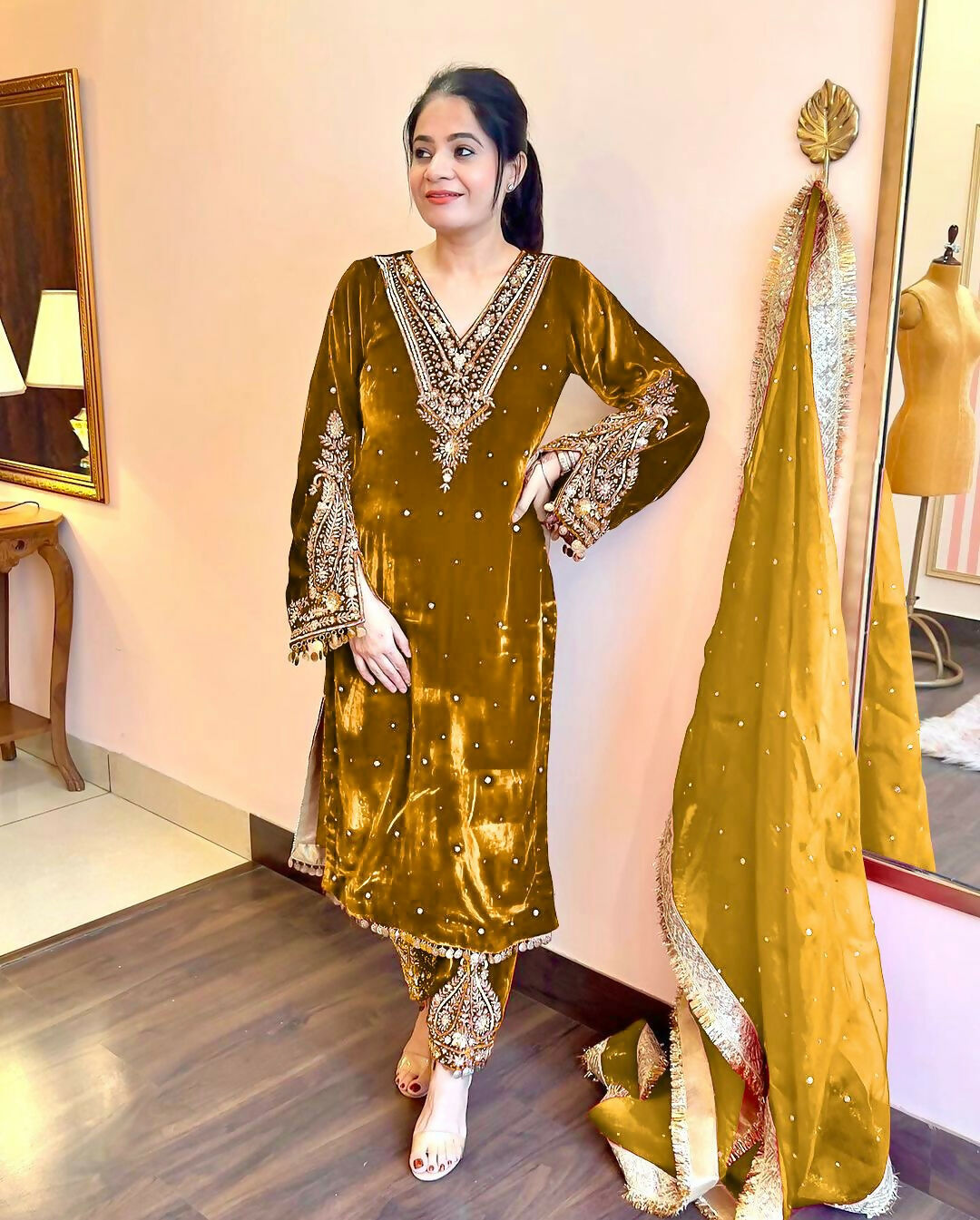 Mustard Gold Velvet Embroidered Kurta Set
