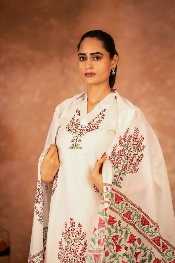 Off White Pink Hand Block Printed Cotton Suit Set