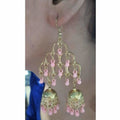 Gold-plated double jhumka earrings with hanging light pink pearls