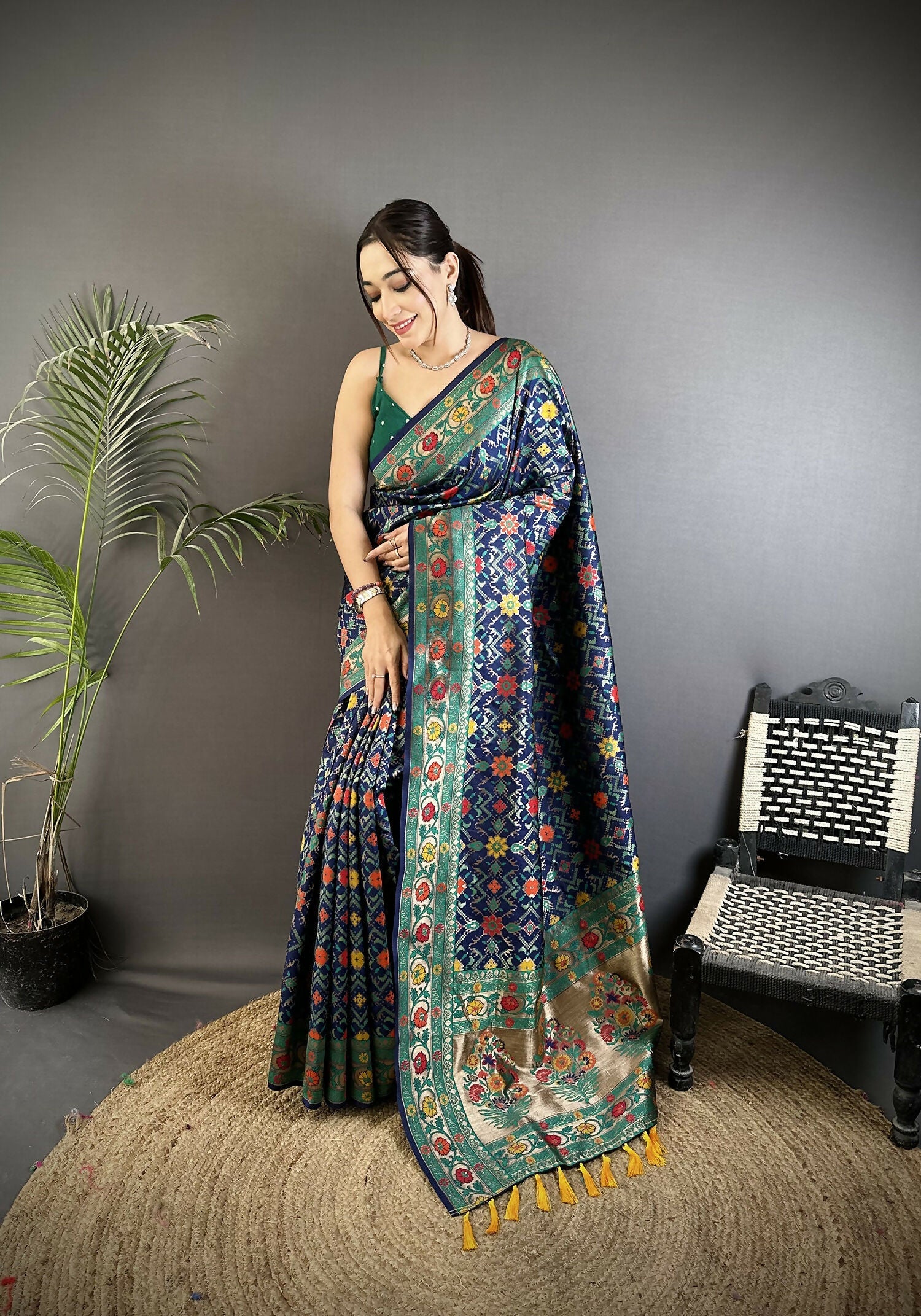 Navy Blue Banarasi soft silk saree with intricate woven details