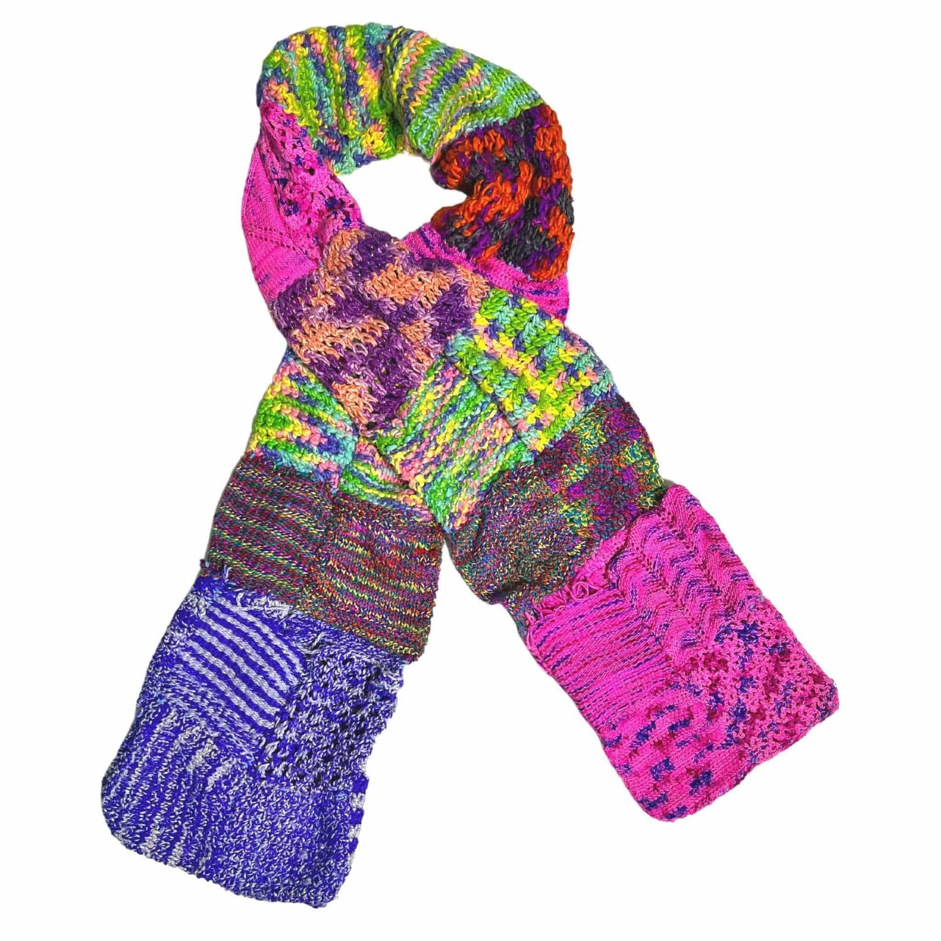 Swatch-tastic Patchwork Knit Scarf with Pockets - Vibrant Neon