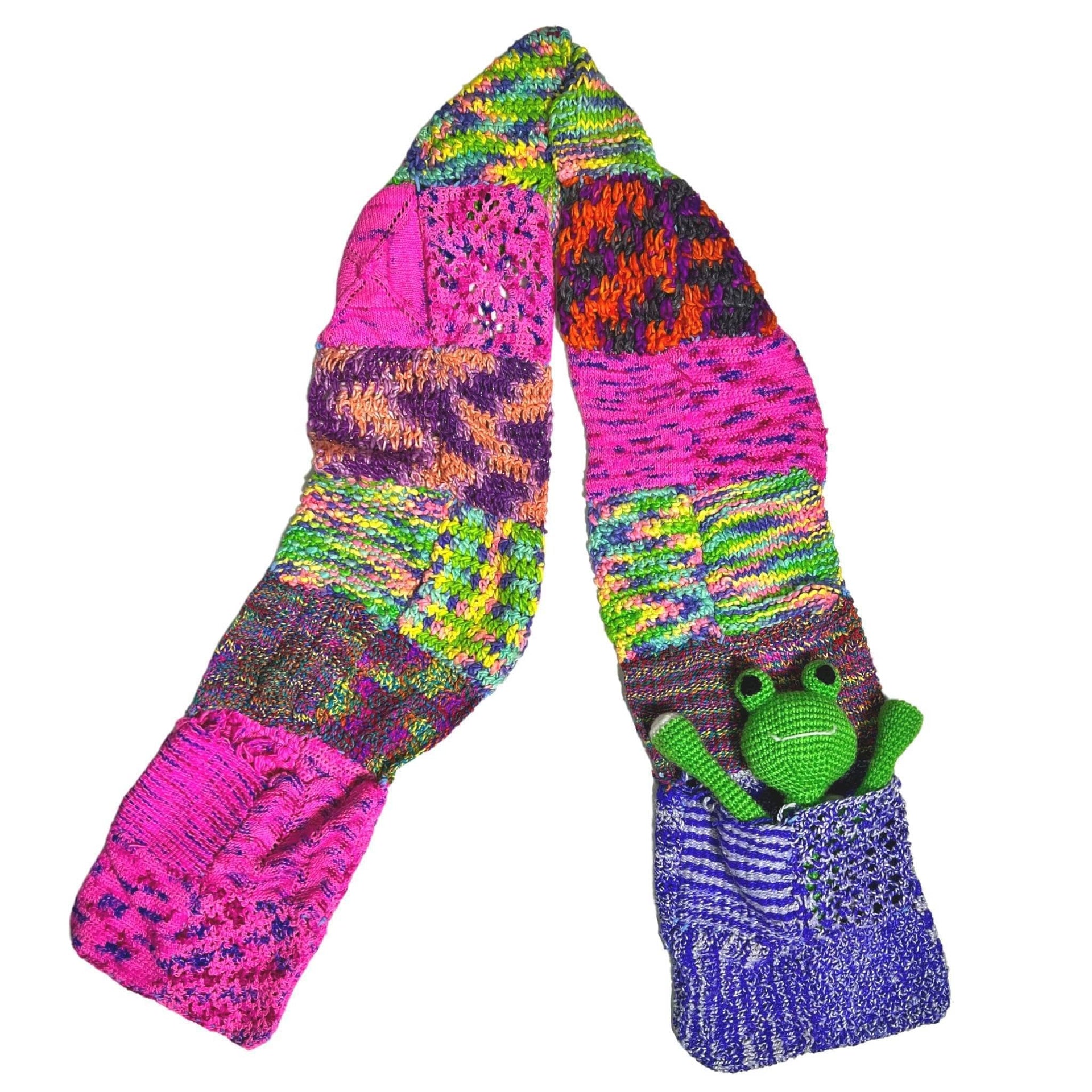 Swatch-tastic Patchwork Knit Scarf with Pockets - Vibrant Neon