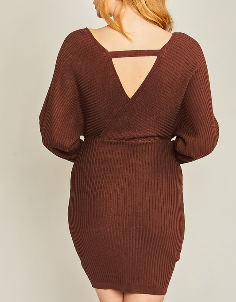 Women's V Neck Sweater Dress in Deep Chocolate Brown Knit