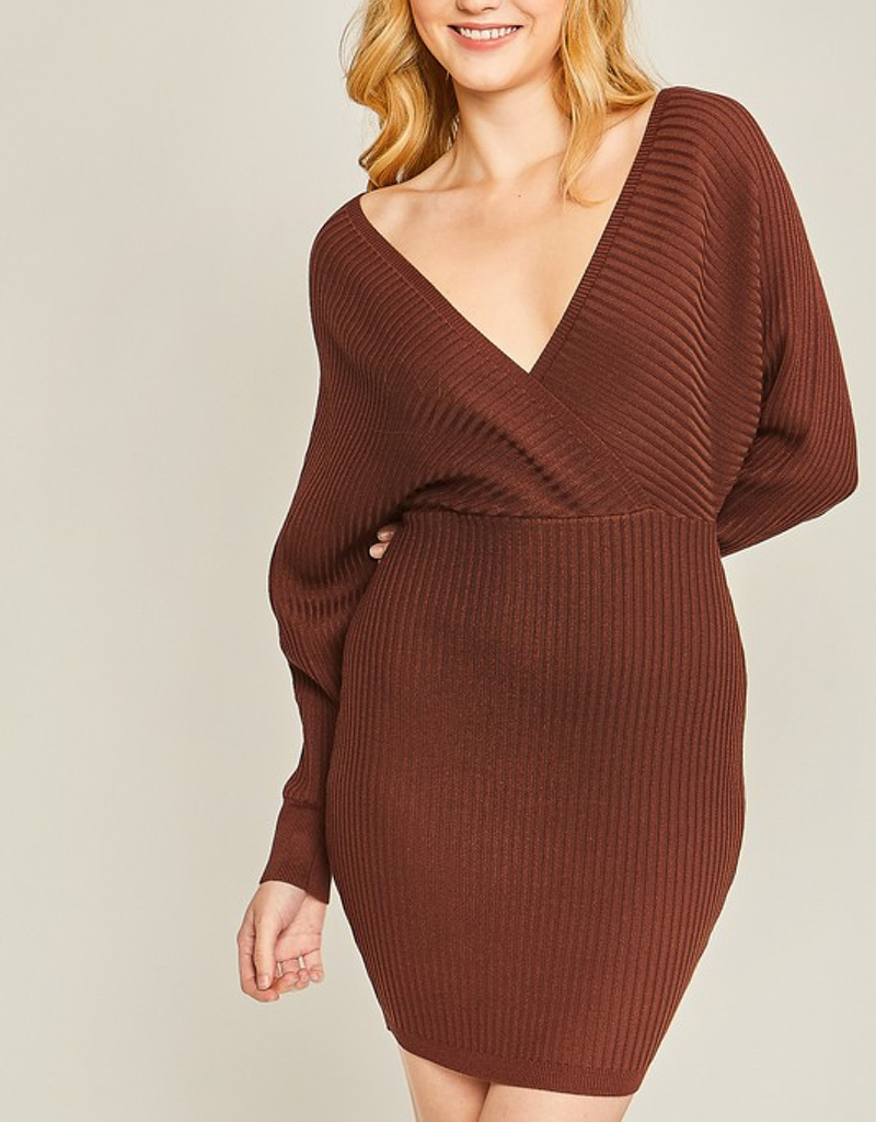 Women's V Neck Sweater Dress in Deep Chocolate Brown Knit