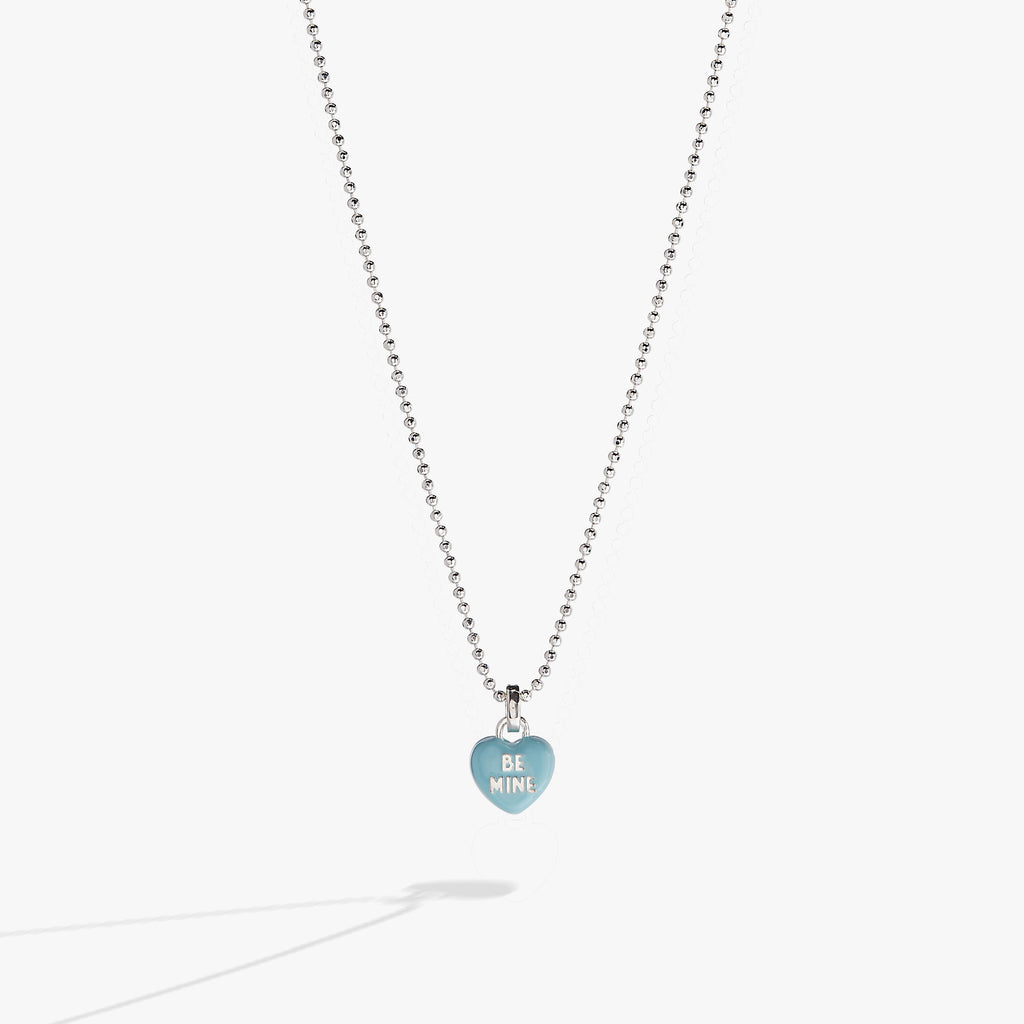 Sweethearts brand blue and silver-tone heart pendant necklace with BE MINE text