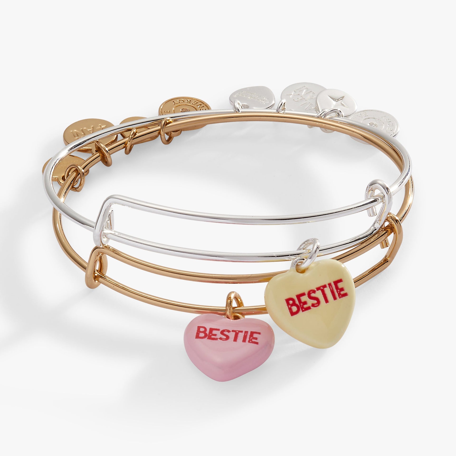Set of two Sweethearts bestie charm bangles in gold-tone wire