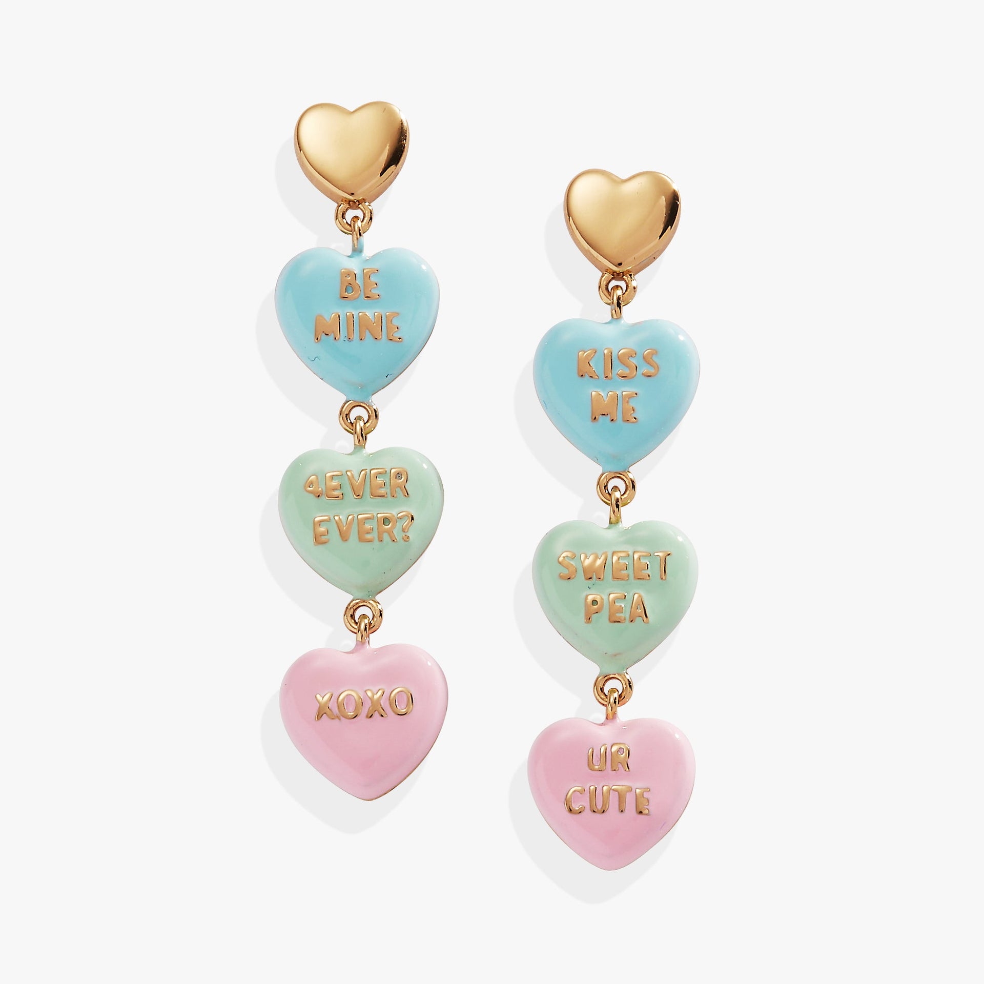 Sweethearts® statement drop earrings featuring heart-shaped charms with text inscriptions in pink, green, and blue.
