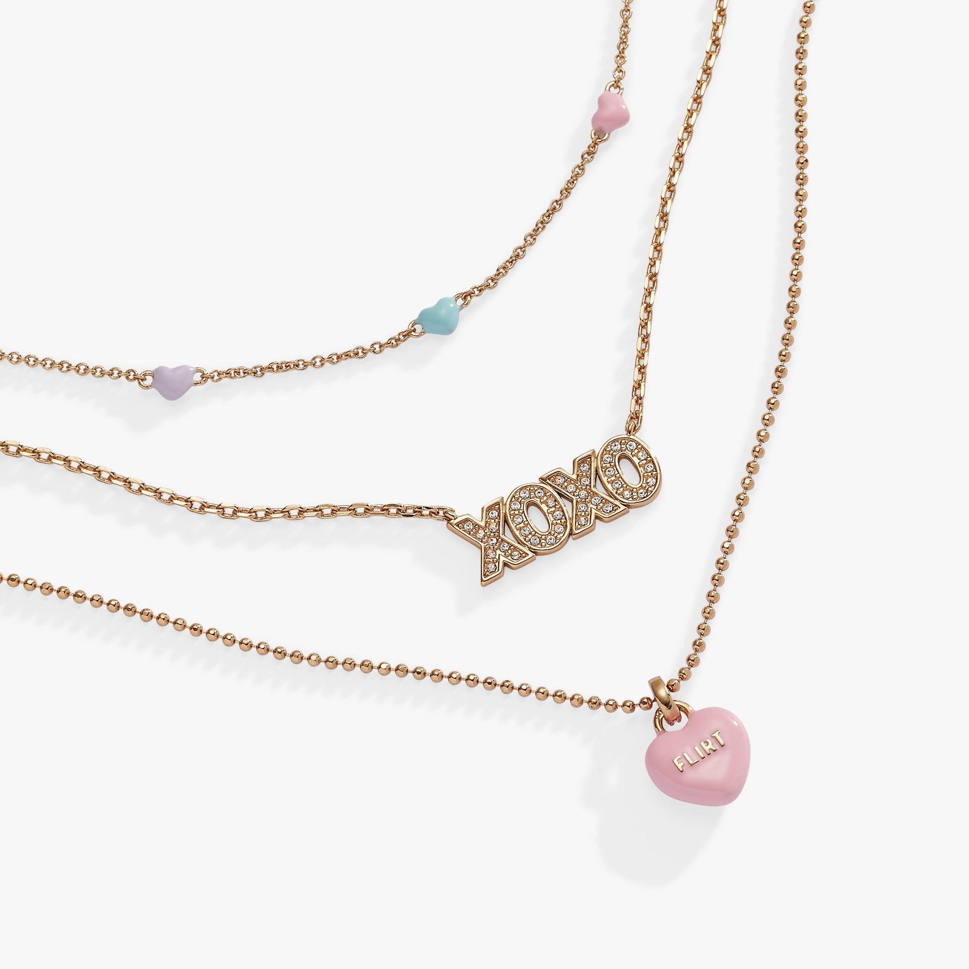 Triple-Strand Charm Necklace with Multicolored Heart Crystals