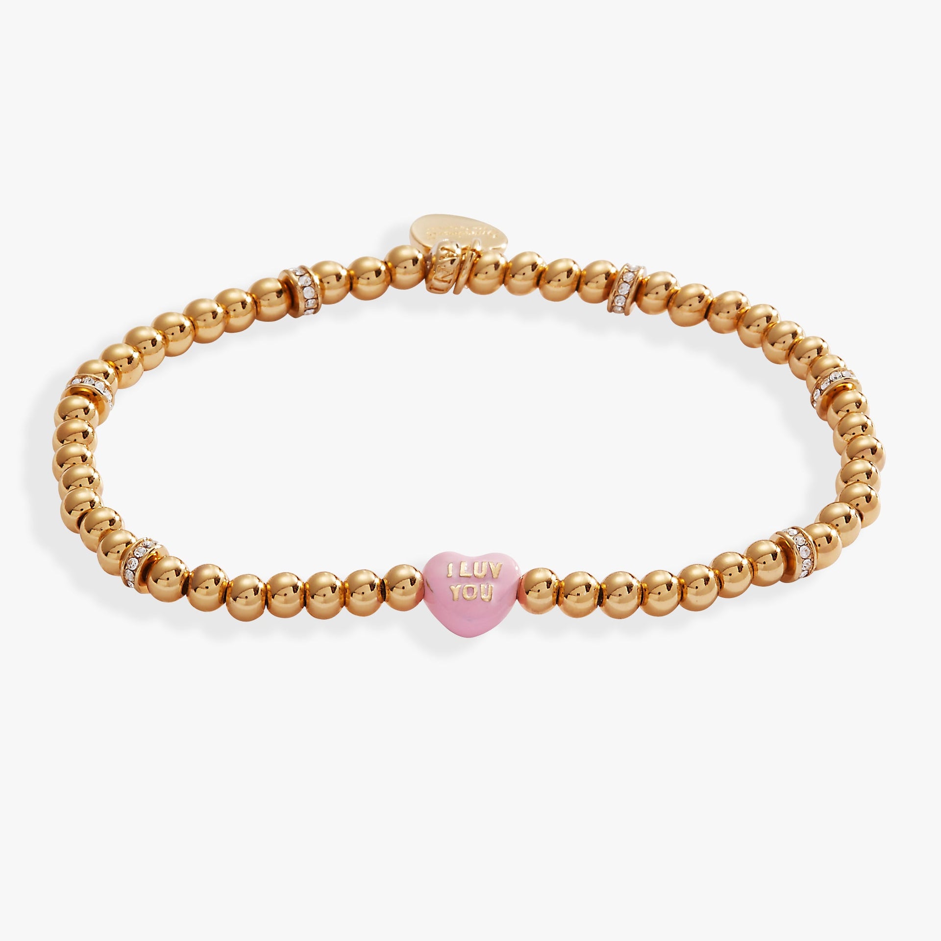 Sweethearts I Luv You beaded stretch bracelet with a pink and gold-tone candy heart charm.