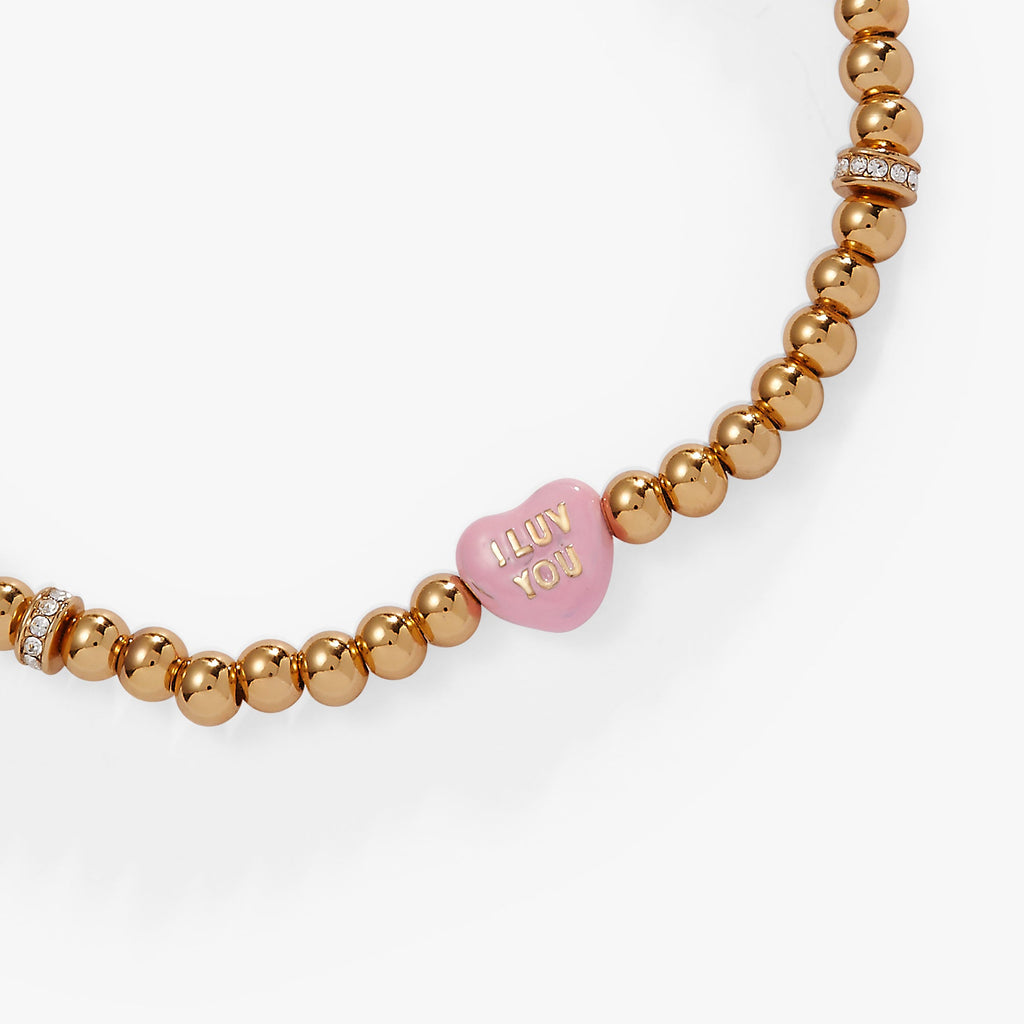 Sweethearts I Luv You Pink and Gold Tone Beaded Stretch Bracelet