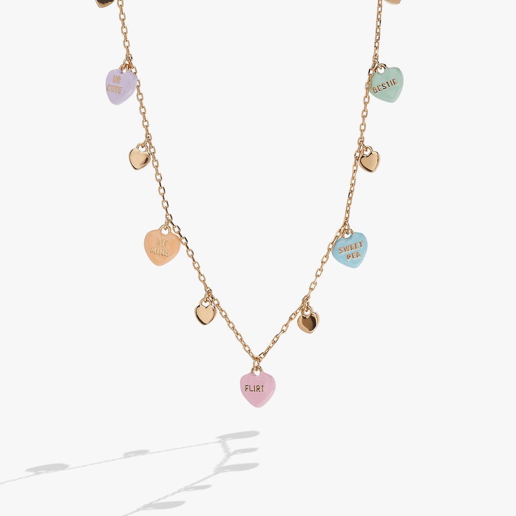 Sweethearts® Multi-Charm Necklace featuring colorful candy-style heart charms and gold-tone accents on a chain.