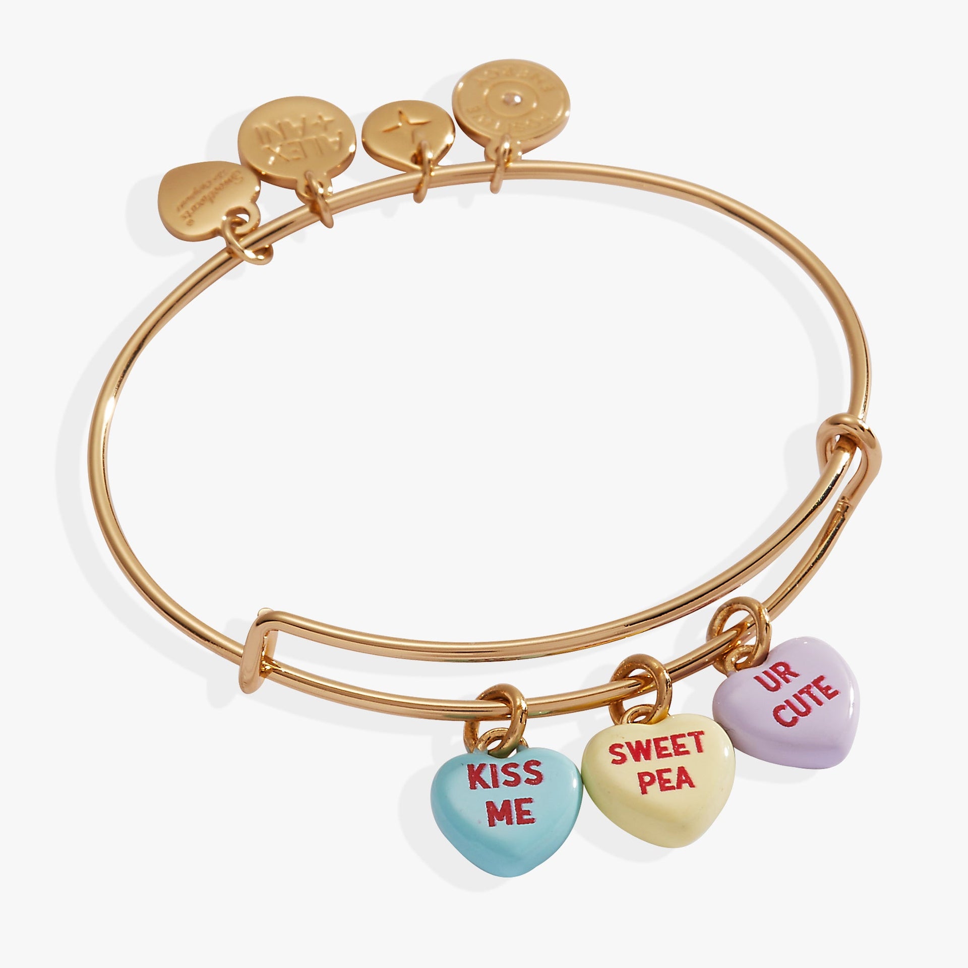 Sweethearts brand candy heart charms on an expandable gold-tone wire bangle