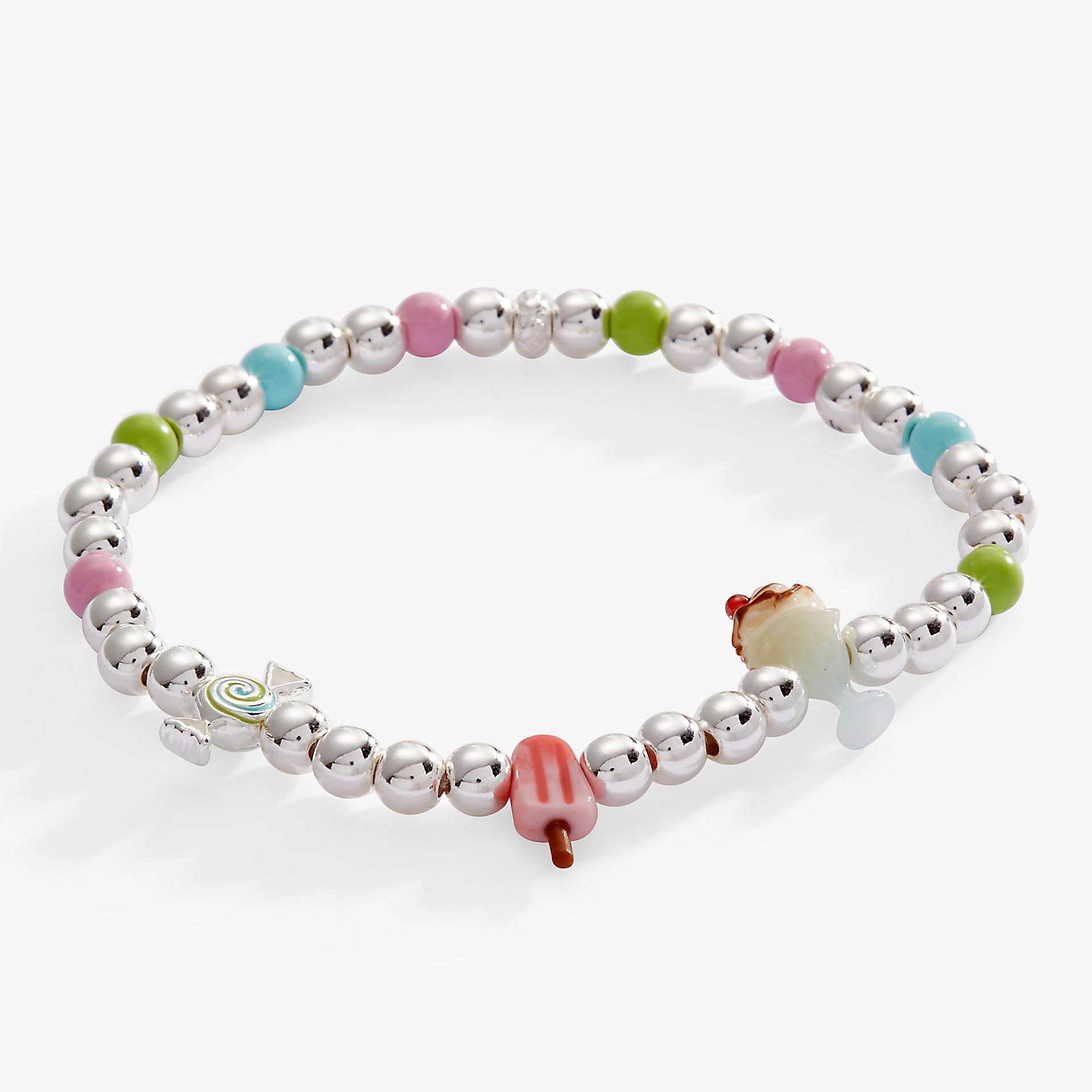 Playful stretch bracelet featuring colorful ice cream, popsicle, and candy charms in silver, pink, blue, and lime green.