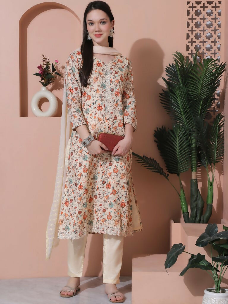 Beige Cotton Floral Print Straight Kurta Set with Dupatta