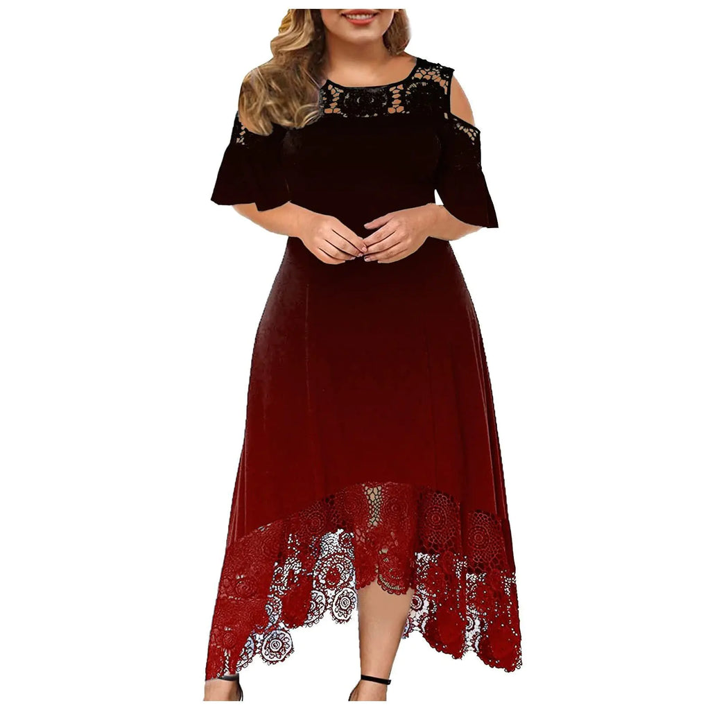 Women's Off-Shoulder Lace Trim Gradient High-Low Dress - Image 28
