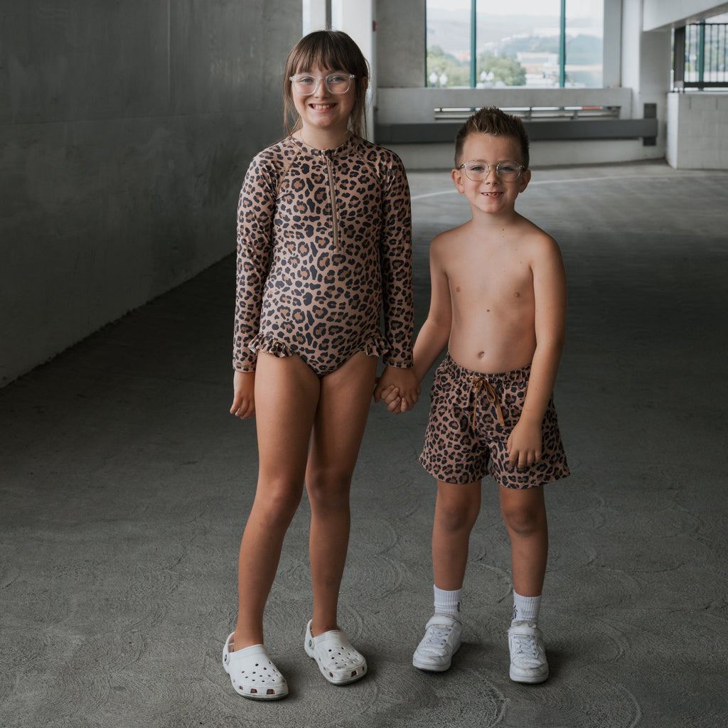 Kids Leopard Print Board Shorts - Safari-Chic Swimwear