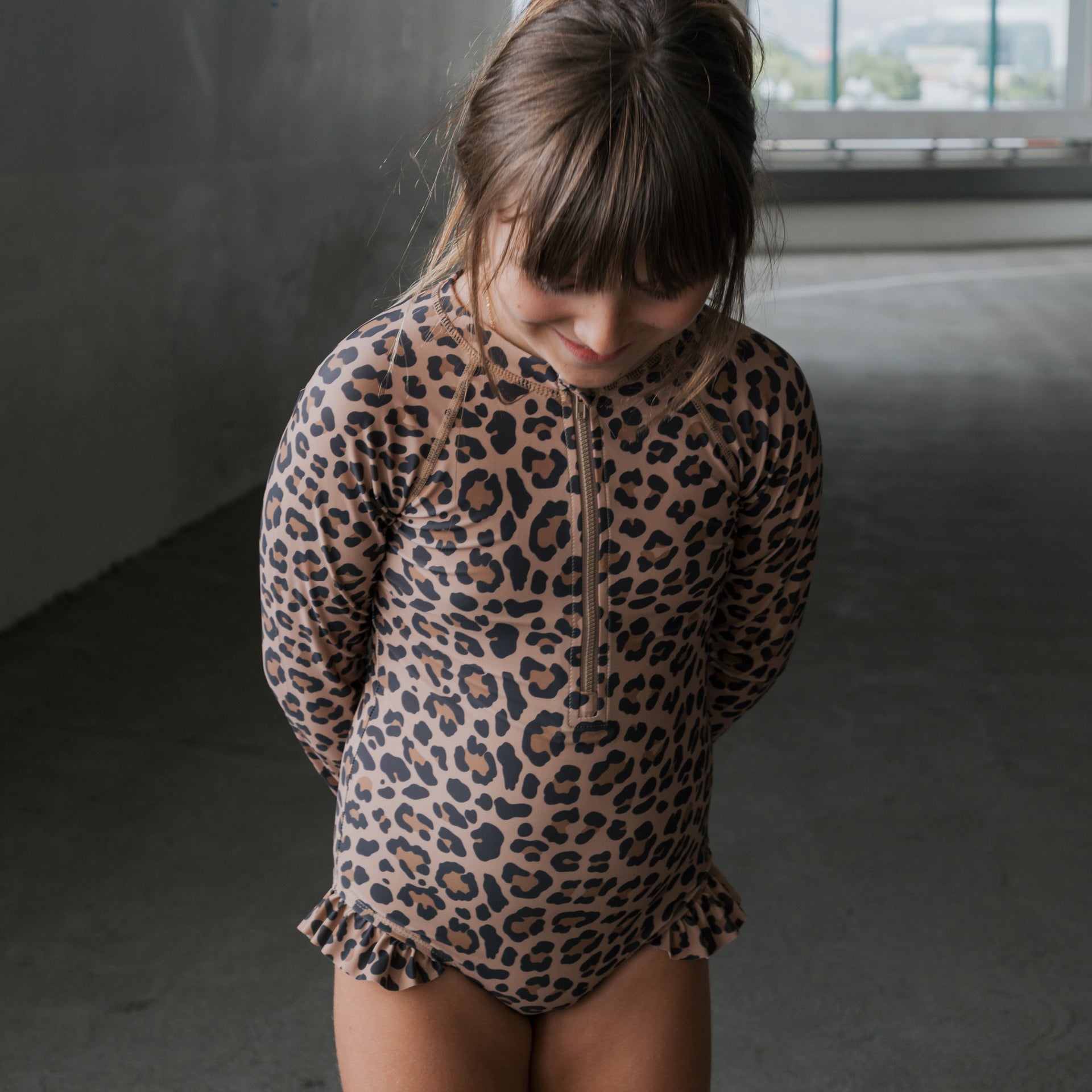 Girl's Long Sleeve Leopard Swimsuit with Ruffle Detail & Front Zip