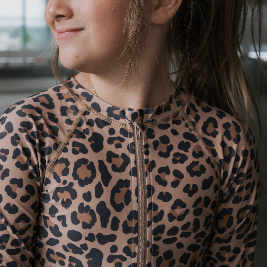 Girl's Long Sleeve Leopard Swimsuit with Ruffle Detail & Front Zip
