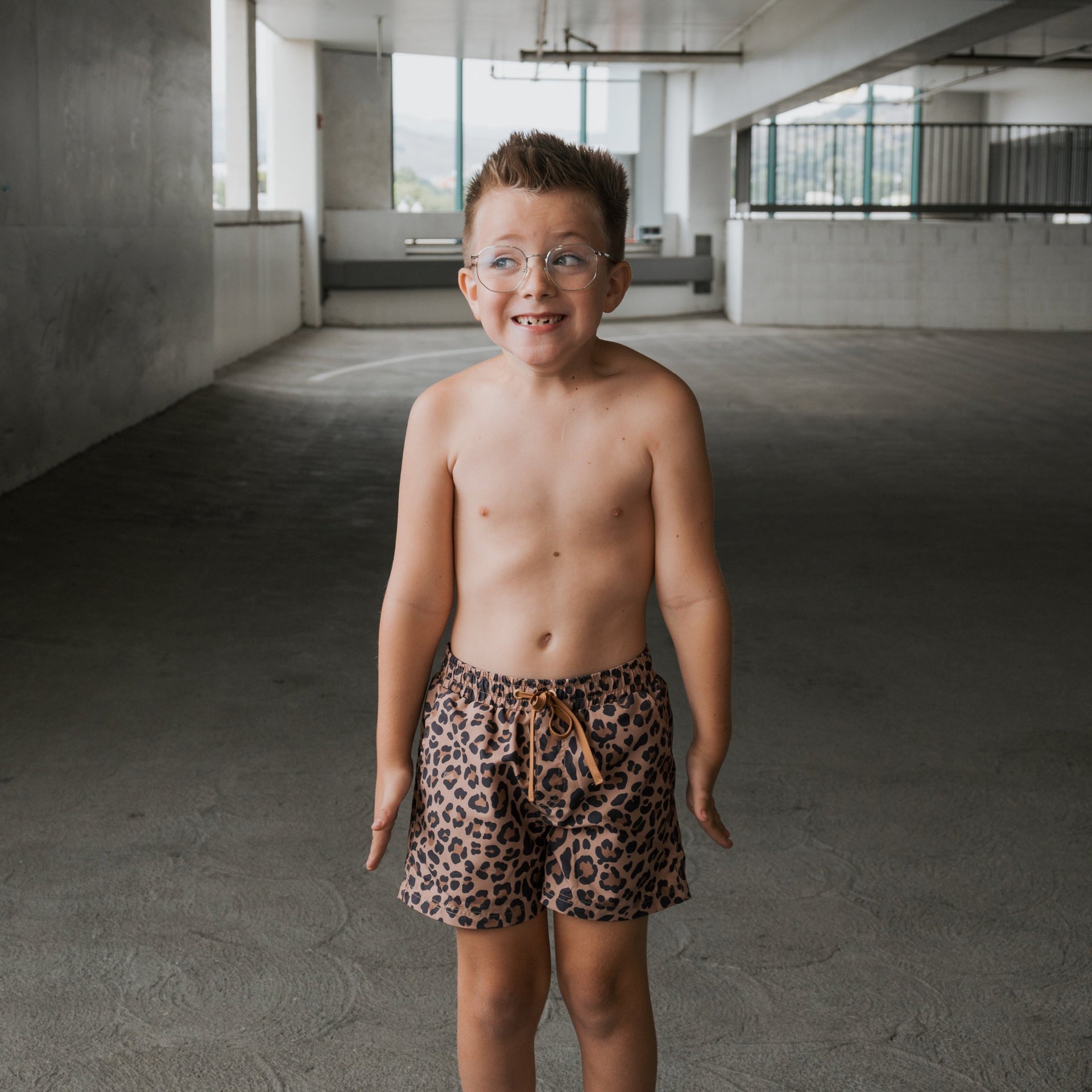 Kids Leopard Print Board Shorts - Safari-Chic Swimwear