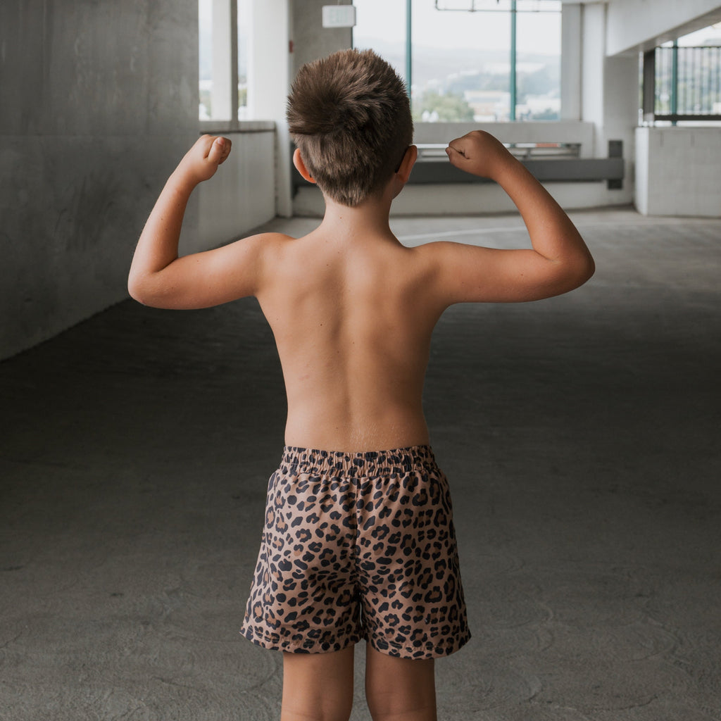 Kids Leopard Print Board Shorts - Safari-Chic Swimwear