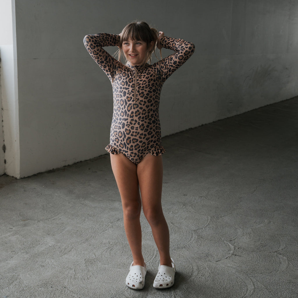 Girl's Long Sleeve Leopard Swimsuit with Ruffle Detail & Front Zip