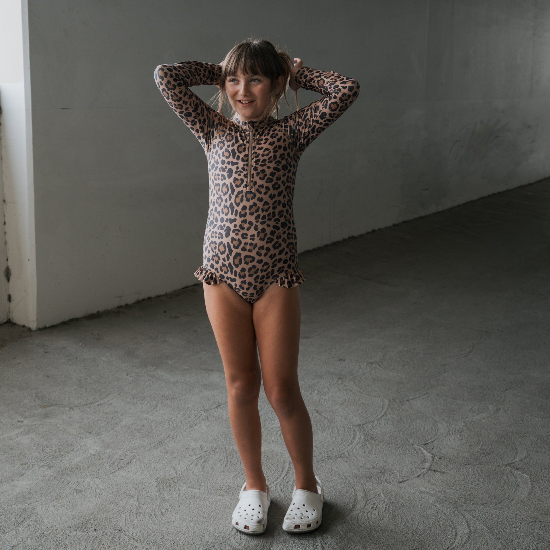 Girl's Long Sleeve Leopard Swimsuit with Ruffle Detail & Front Zip