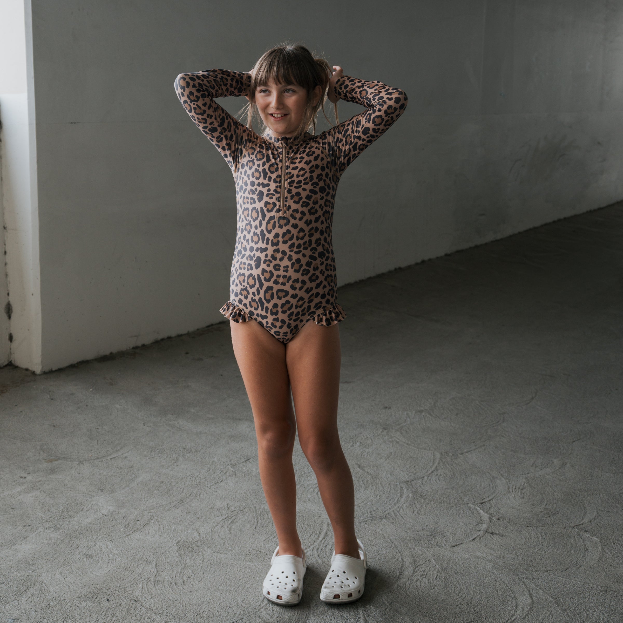 Girl's Long Sleeve Leopard Swimsuit with Ruffle Detail & Front Zip