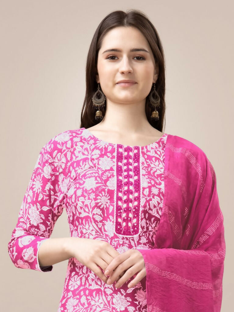 Women's Pink Rayon Printed Kurta Set with Lace and Embroidery