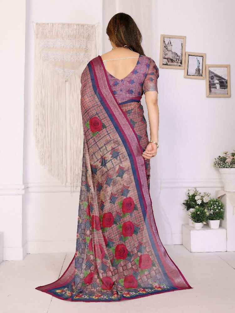 Purple Handloom Linen Cotton Zari Saree with Matching Blouse