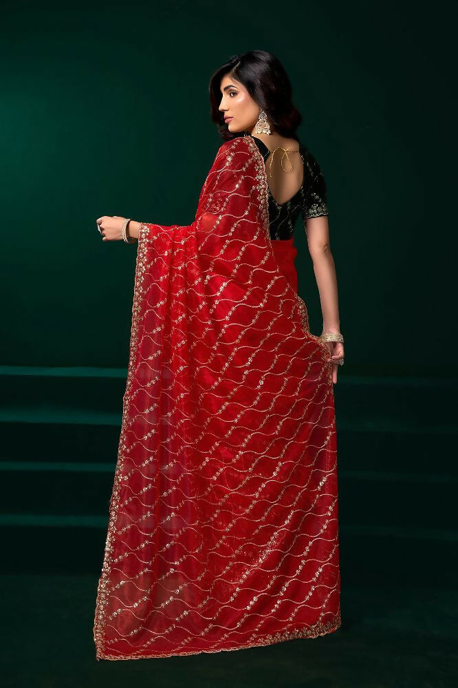 Red Net Party Wear Saree with Black Velvet Blouse