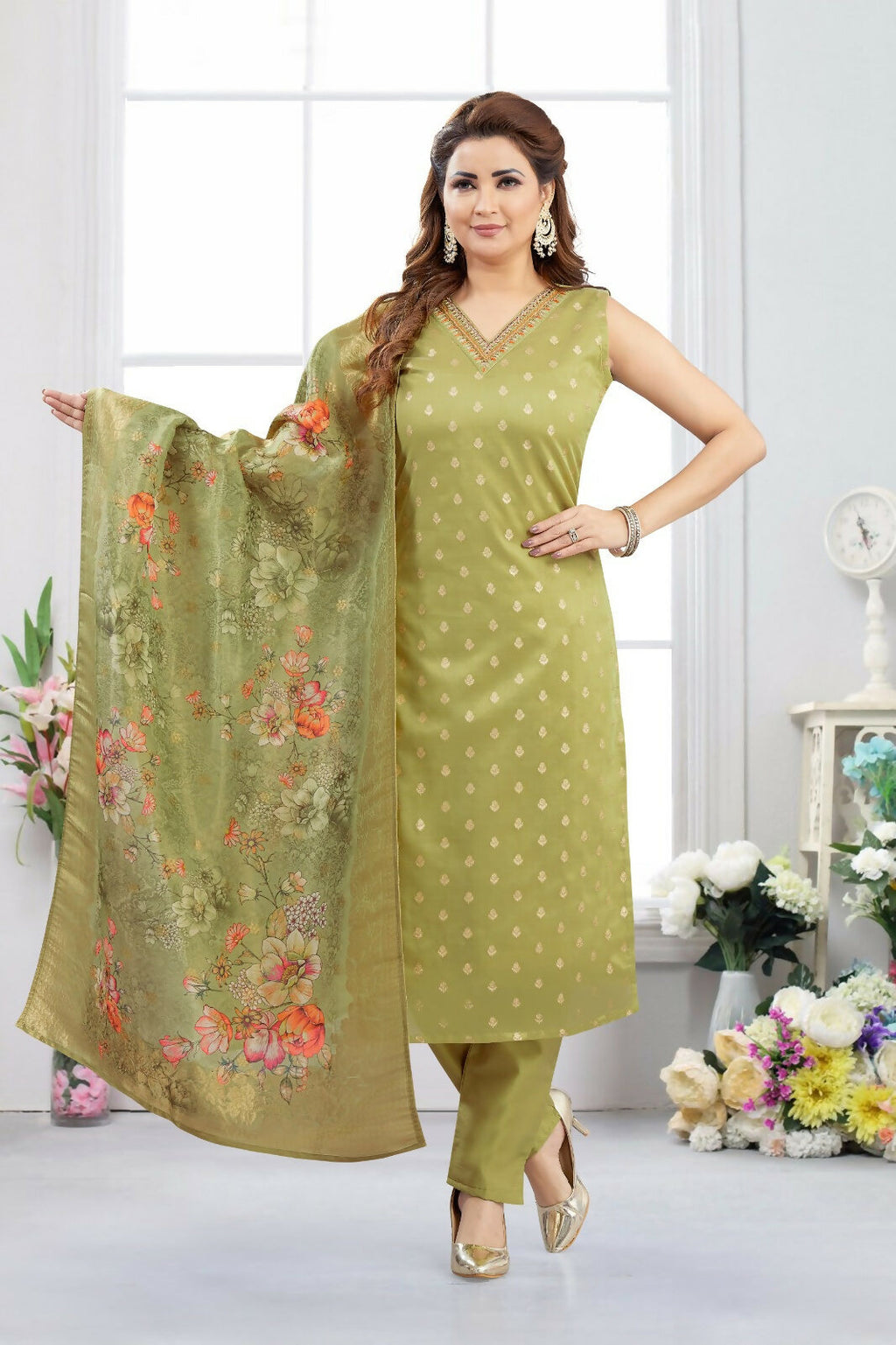 Jacquard Mehendi Green Kurta Set - 3 Piece Ethnic Suit