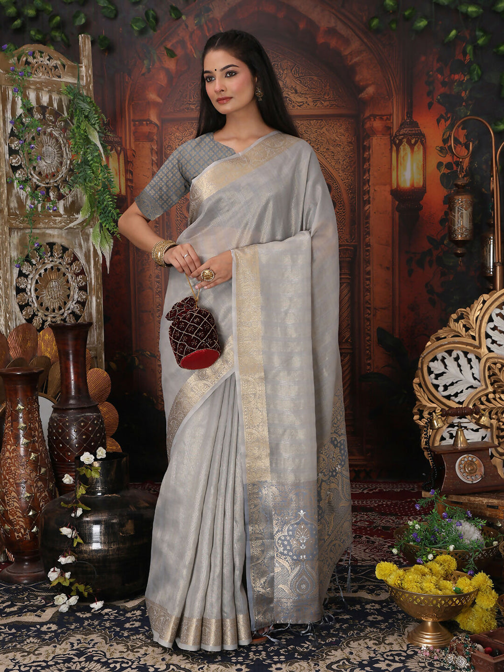Gray Organza Saree with Matching Blouse Piece